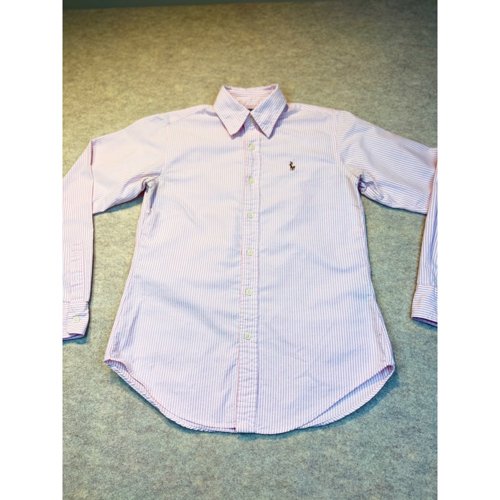 Ralph Lauren Pink White Striped Classic Fit Oxford Button Down Shirt Womens 2